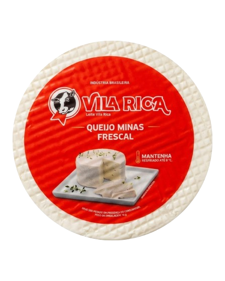 Peça de queijo Minas frescal Vila Rica com rótulo vermelho