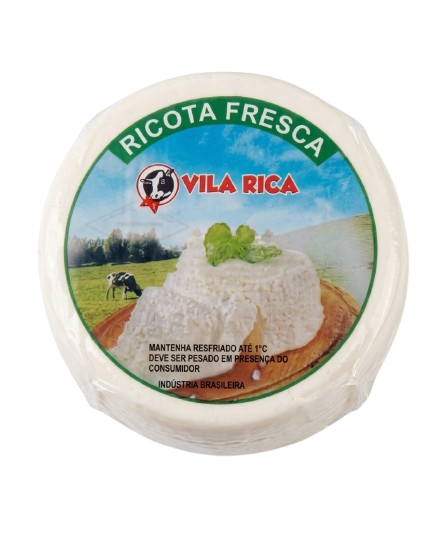 Embalagem da ricota fresca Vila Rica com rótulo azul e verde