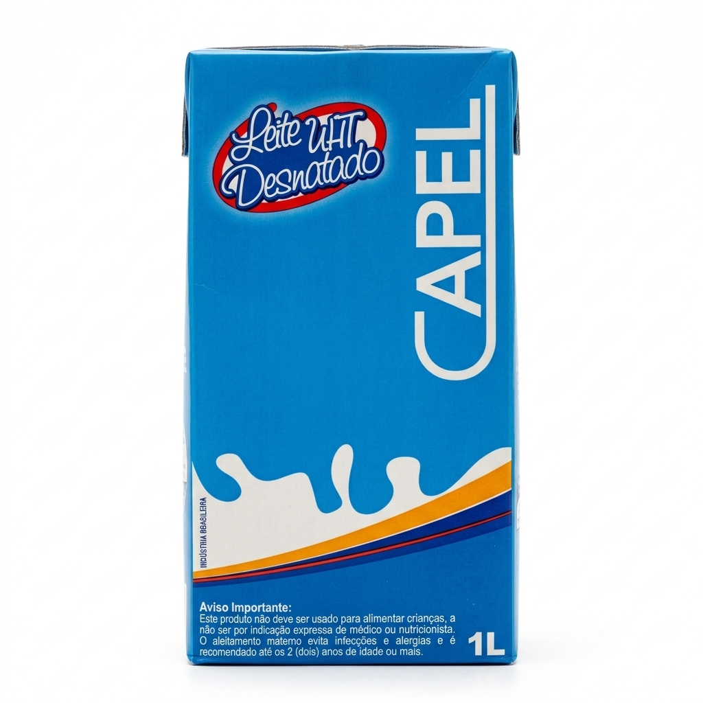 Embalagem de 1 litro do leite UHT desnatado Capel